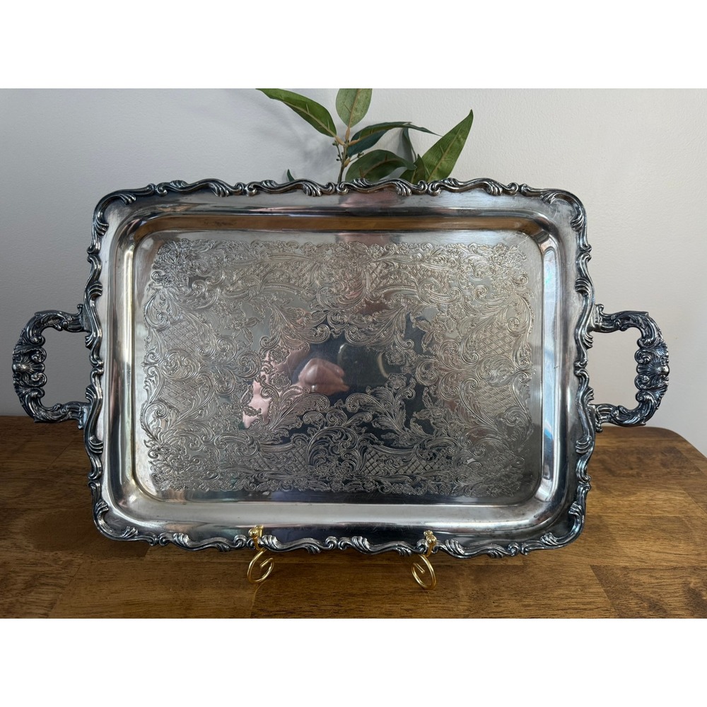 Vintage Wm A Rogers Silverplate Serving Tray Ornate Floral Handled Platter